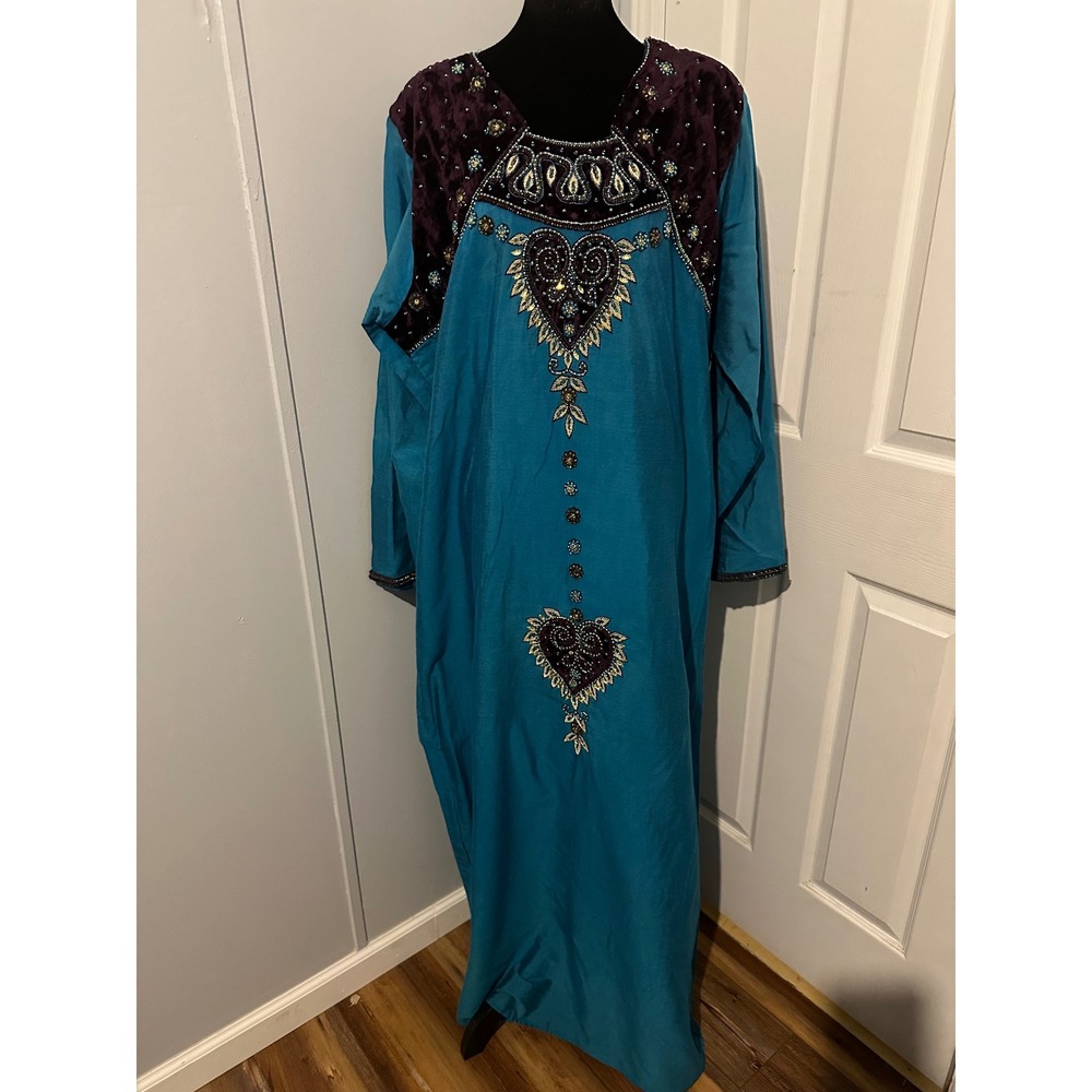 Bait Awladona Co Teal Blue Kaftan Dress Purple Velvet Beaded Embroidered Maxi T